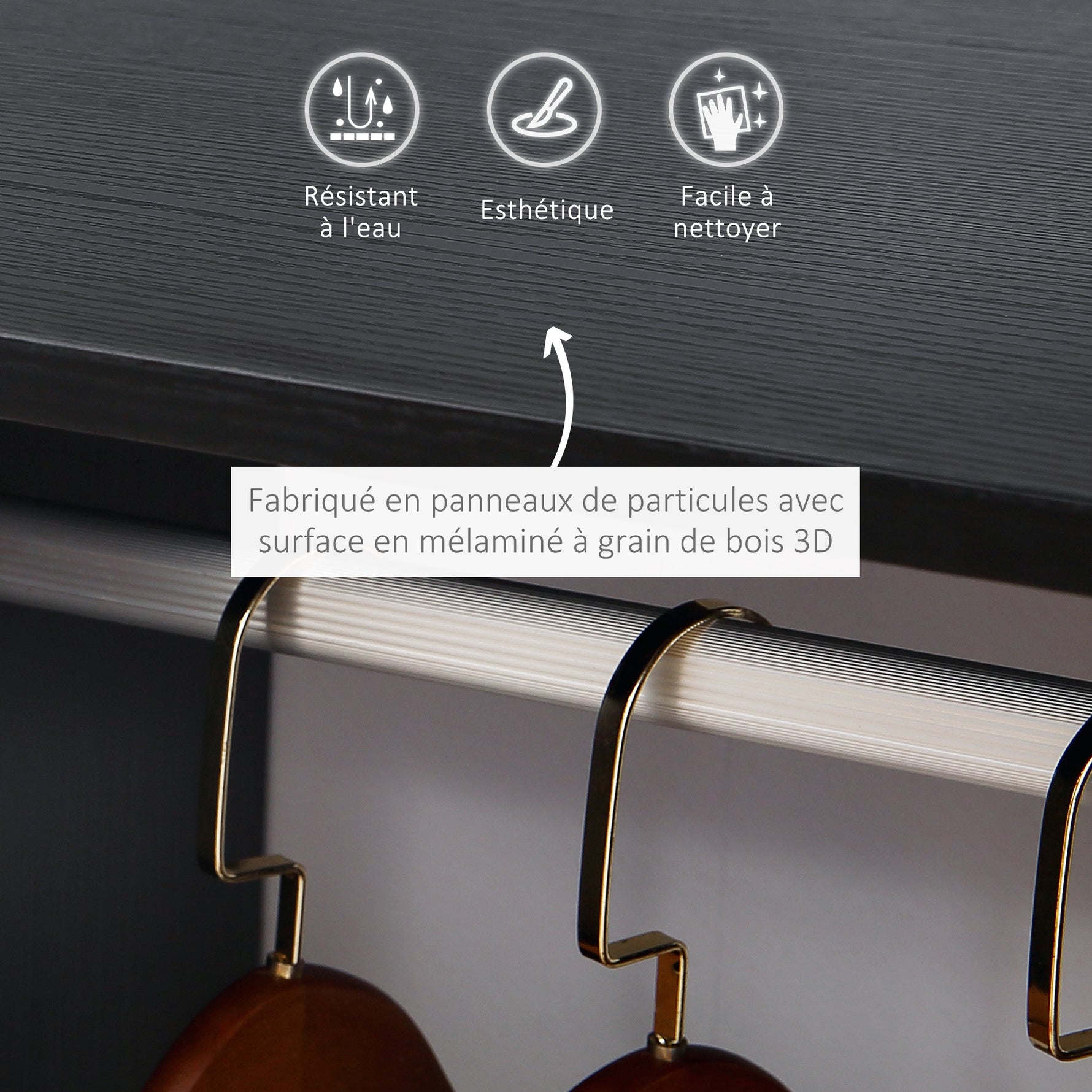 Lot de 2 portants à vêtements penderie mobile avec roulettes 2 niches + Grand Espace penderie en bois noir