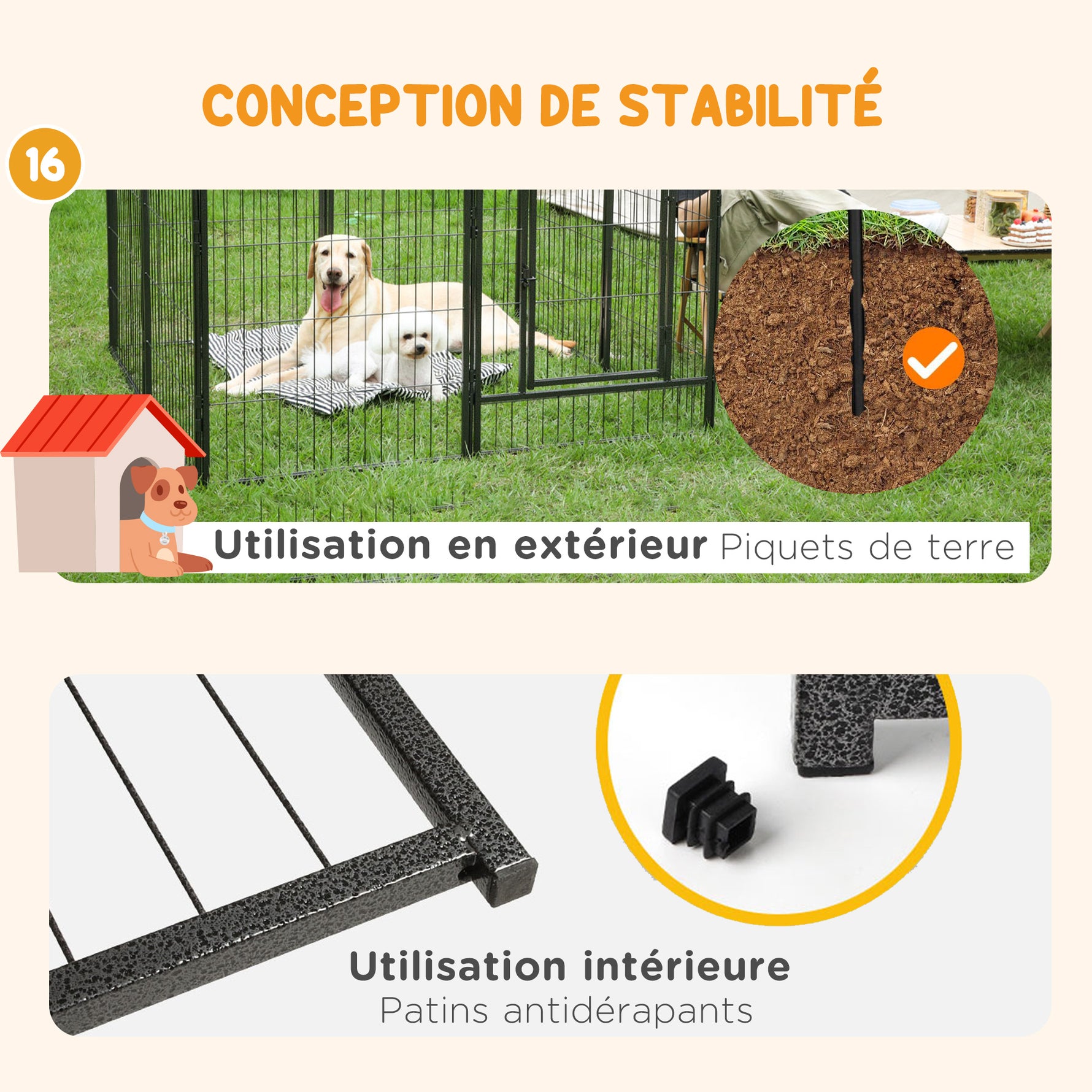 Parc pour chien, enclos chien 16 panneaux modulable et pliable, portable en acier avec portes 80 x 60 gris