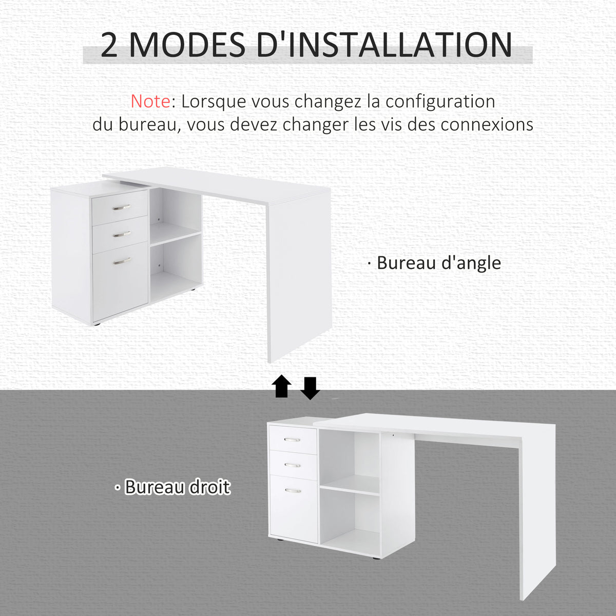 Bureau d'angle bureau droit modulable table de salle à manger 2 en 1 bureau informatique tiroirs x 3 + 2 niches