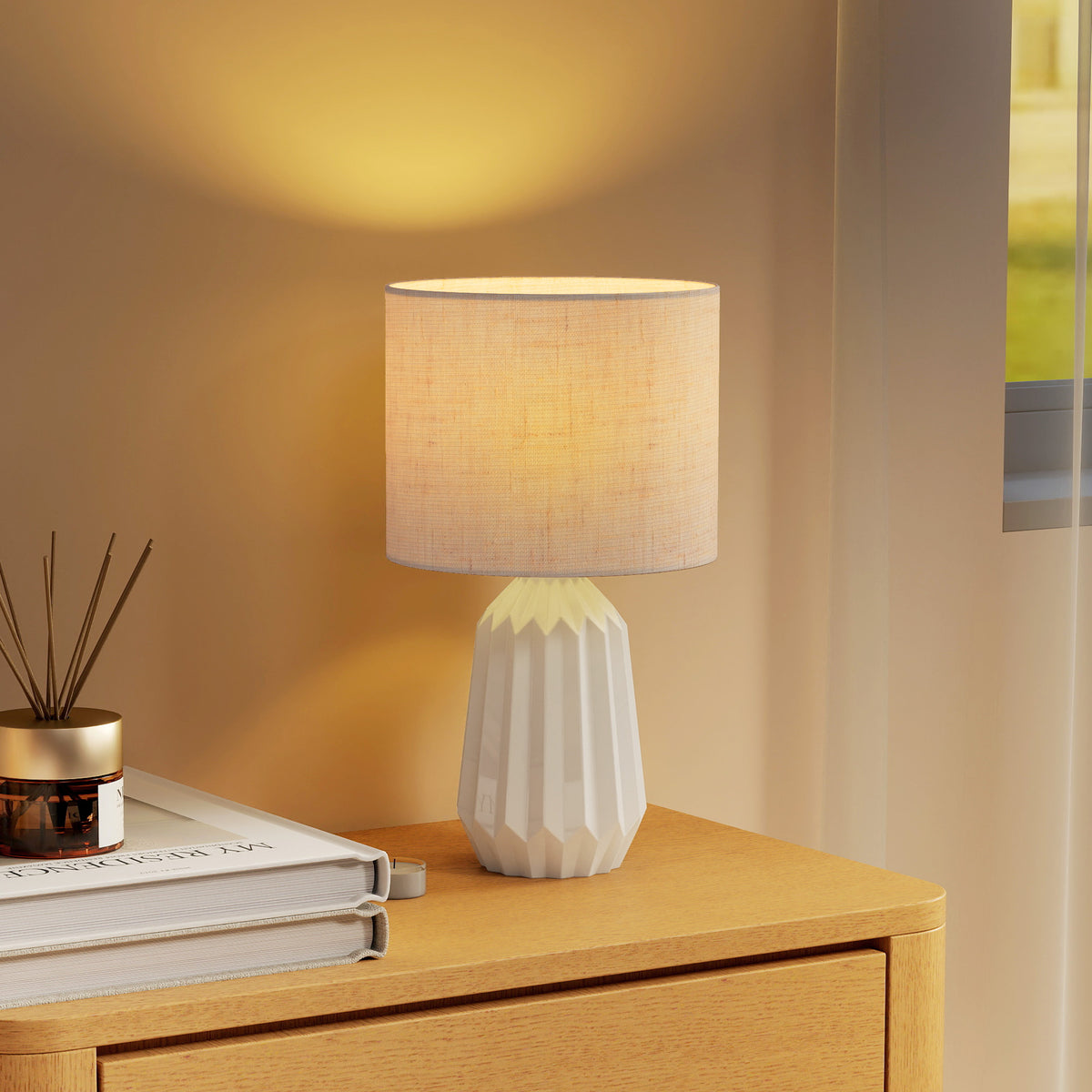 Lampe de Table avec Base en Céramique et Abat-Jour en Lin, Lampe de Chevet avec Interrupteur, Culot E27, Blanc et Beige