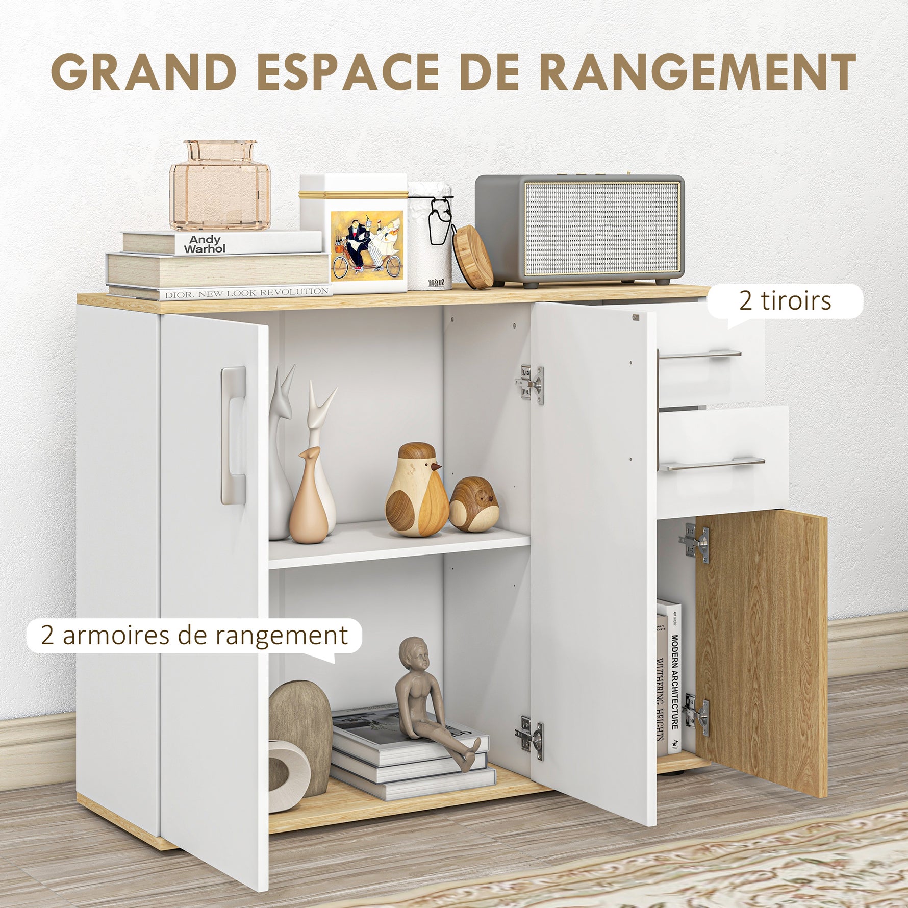 Buffet, meuble de rangement avec 3 portes, 2 tiroirs et étagère réglable, 90 x 30 x 75,5 cm, blanc et bois naturel