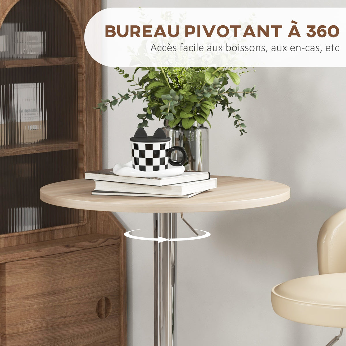 Table de bar ronde table haute cuisine réglable en hauteur 69-91 cm plateau pivotante à 360° naturel et gris