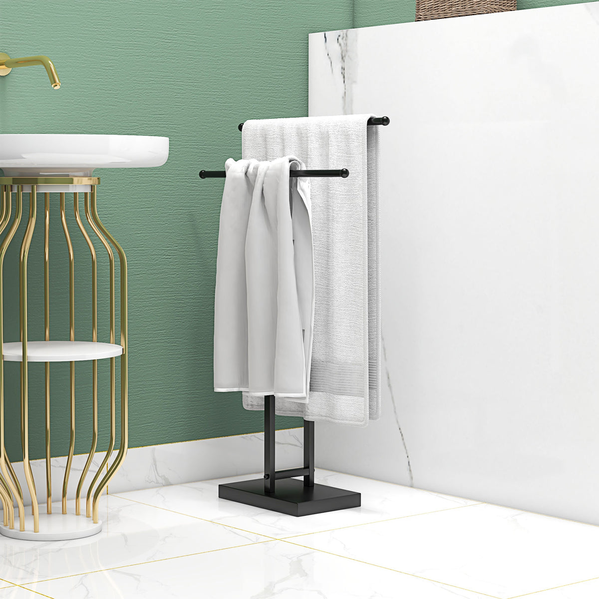 Portasciugamani da terra a 2 livelli in metallo per bagno, dim. 50L x 18,5P x 85A cm, nero