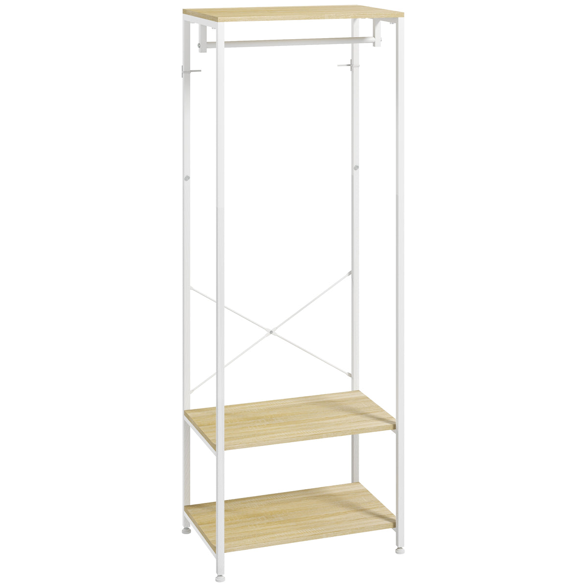 Coat rack with hanging rail and 2 shoe shelves 60L x 40W x 167.5H cm Light wood look White metal
