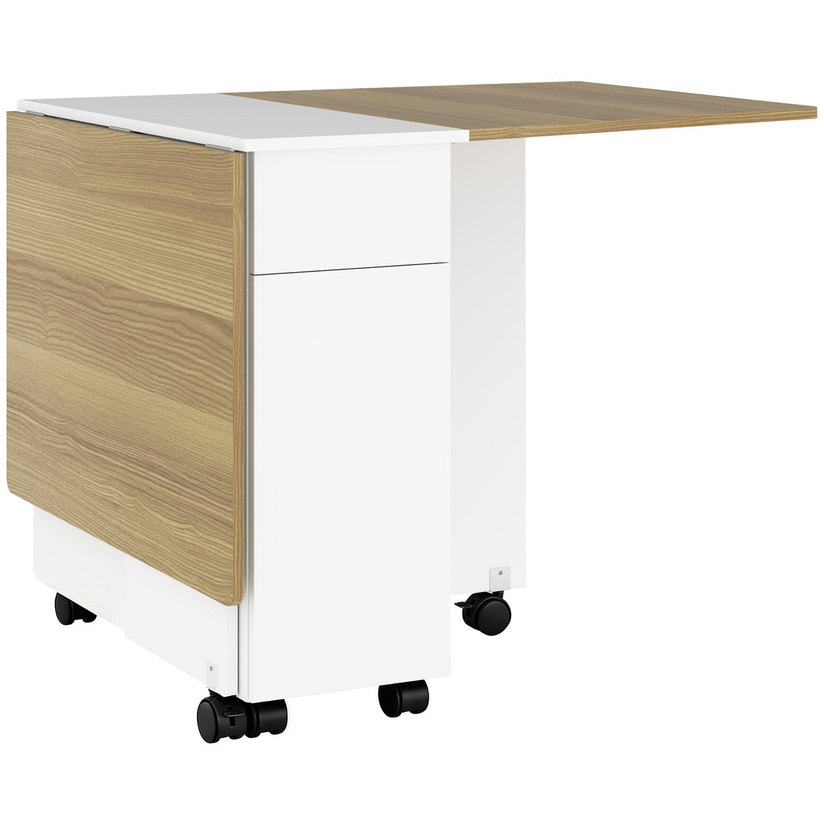 Table à manger pliable pour 6 personnes, table de cuisine sur roulettes avec 2 tiroirs 2 placards, 140x76x74cm, blanc