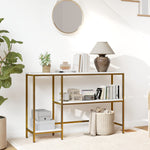 Console meuble 120 cm, table console 3 niveaux avec étagères de rangement, plateaux imitation marbre, blanc et doré
