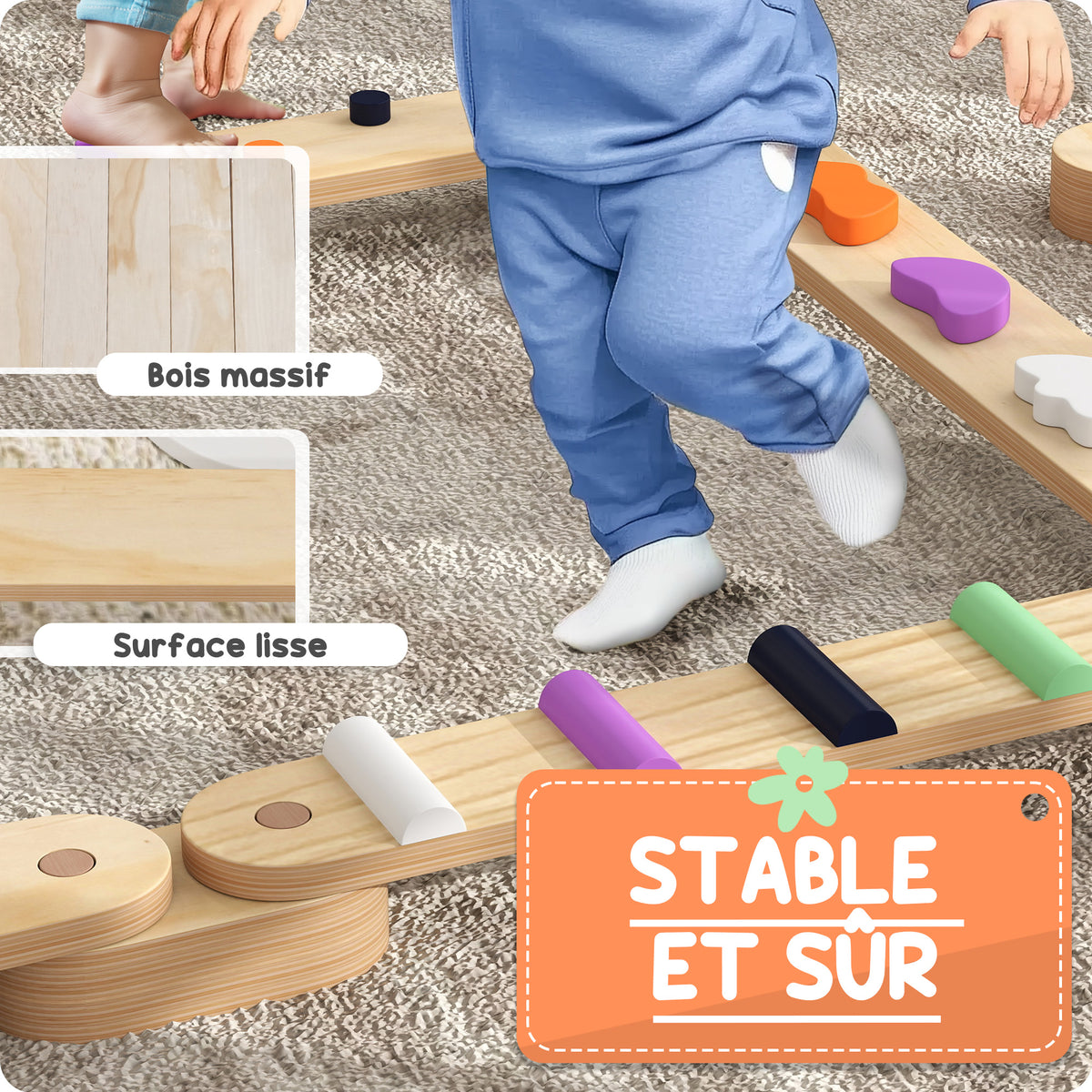 Viga de equilibrio de madera para niños de 3 a 8 años con piedras de obstáculos coloridas, interior y exterior