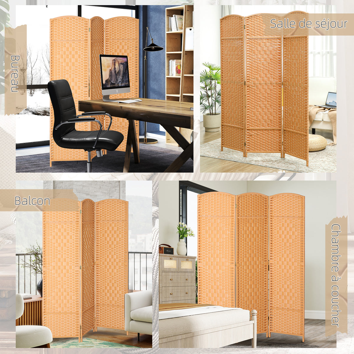 Paravent intérieur en bois 3 panneaux séparateur de pièce pliable pour salon chambre 135 x 180 cm brun clair