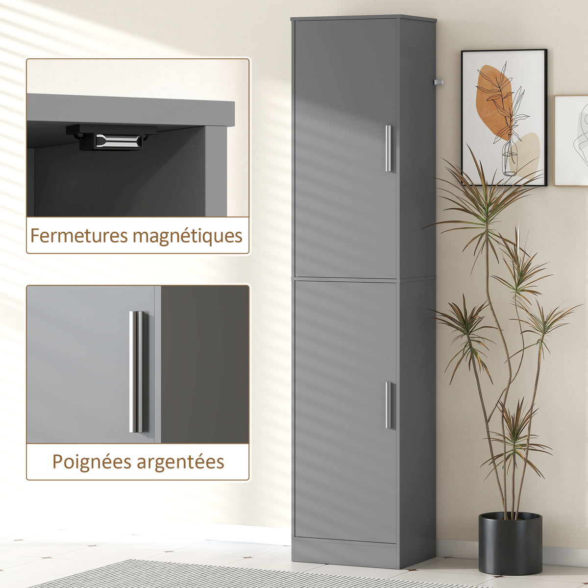 Mobile colonna per bagno con 2 ante e 4 ripiani regolabili, 40 x 35 x 180 cm, grigio