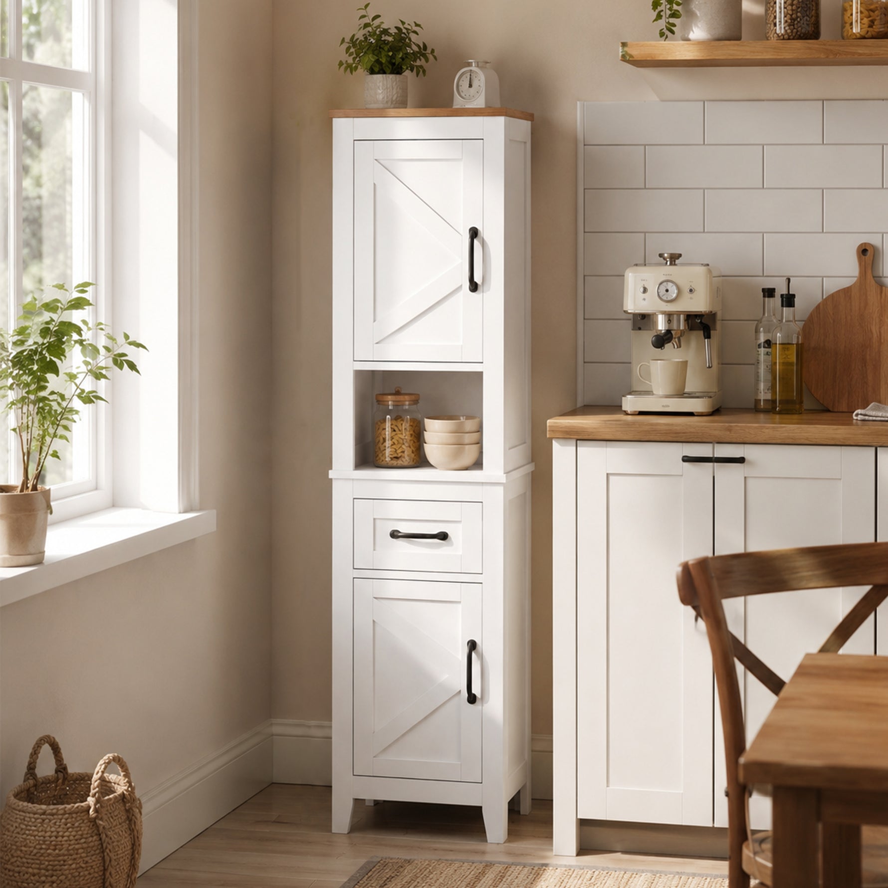 Meuble de salle de bain, meuble de rangement, 2 portes, tiroir, compartiment ouvert et étagères réglables, blanc
