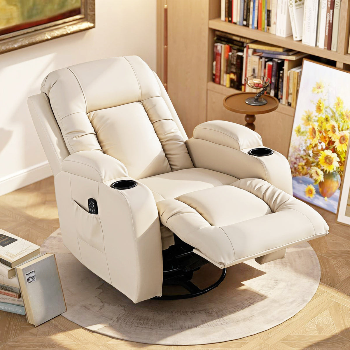 Fauteuil inclinable de massage et chauffage, fauteuil de relaxation, dossier réglable, pivotant 360°, 82x99x103cm, crème