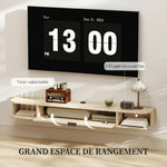Meuble TV suspendu, meuble télé pour téléviseur jusqu'à 60 pouces, tiroir rabattable 2 étagères 140x24x16cm bois naturel