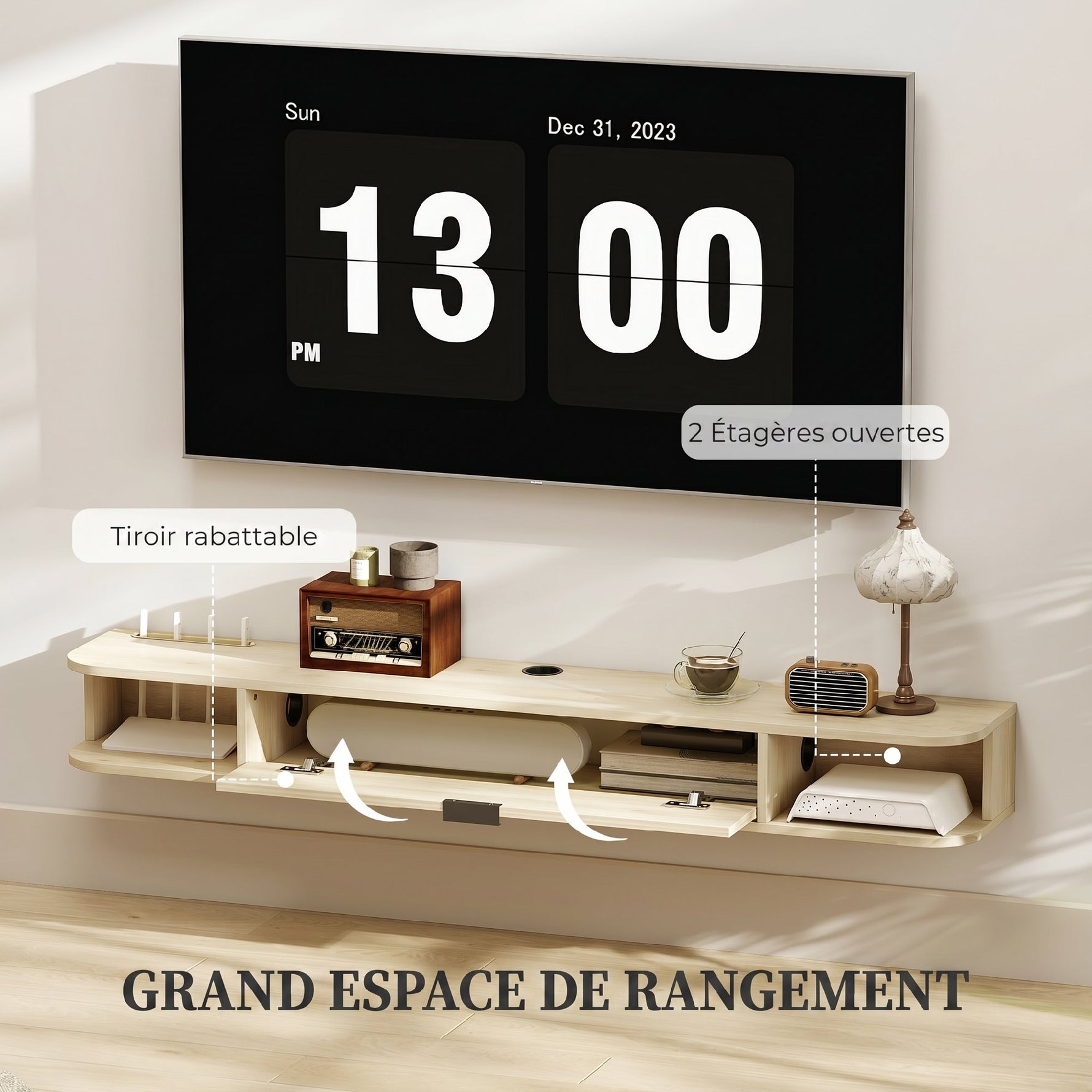 Meuble TV suspendu, meuble télé pour téléviseur jusqu'à 60 pouces, tiroir rabattable 2 étagères 140x24x16cm bois naturel