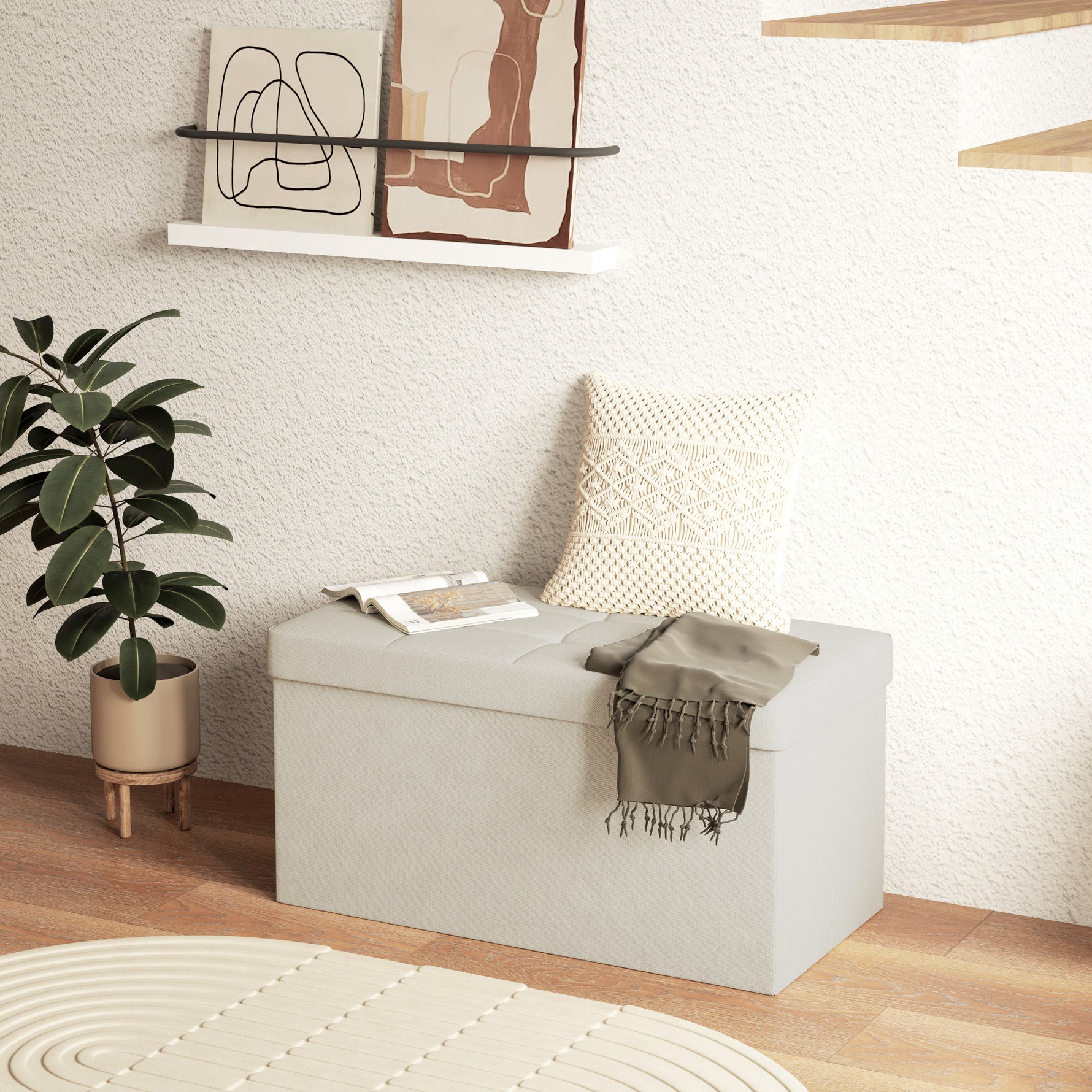 Banc de rangement pouf de rangement pliable bout de lit repose-pieds avec couvercle capitonnée 76L x 38l x 38H cm crème