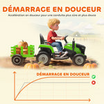 Tracteur électrique enfants avec remorque amovible, voiture électrique enfants, télécommande 2,4G, 139x58x55cm, vert