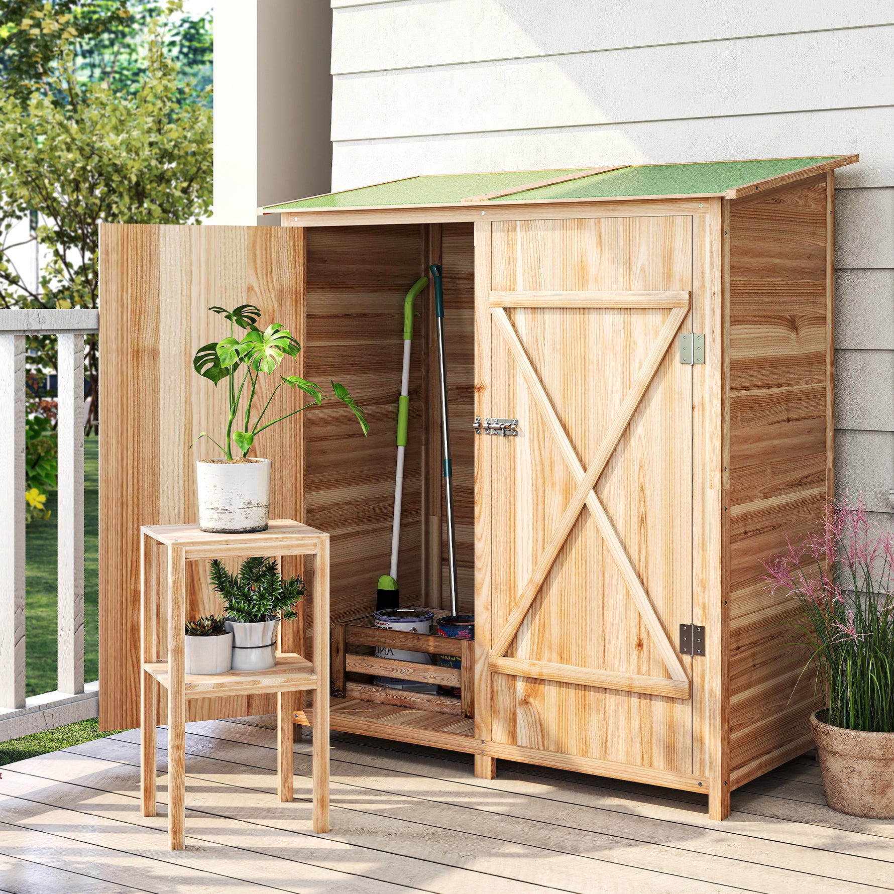 Abri de jardin en bois armoire de jardin en bois avec table, toit en asphalte, 140 x 75 x 157 cm, effet bois naturel