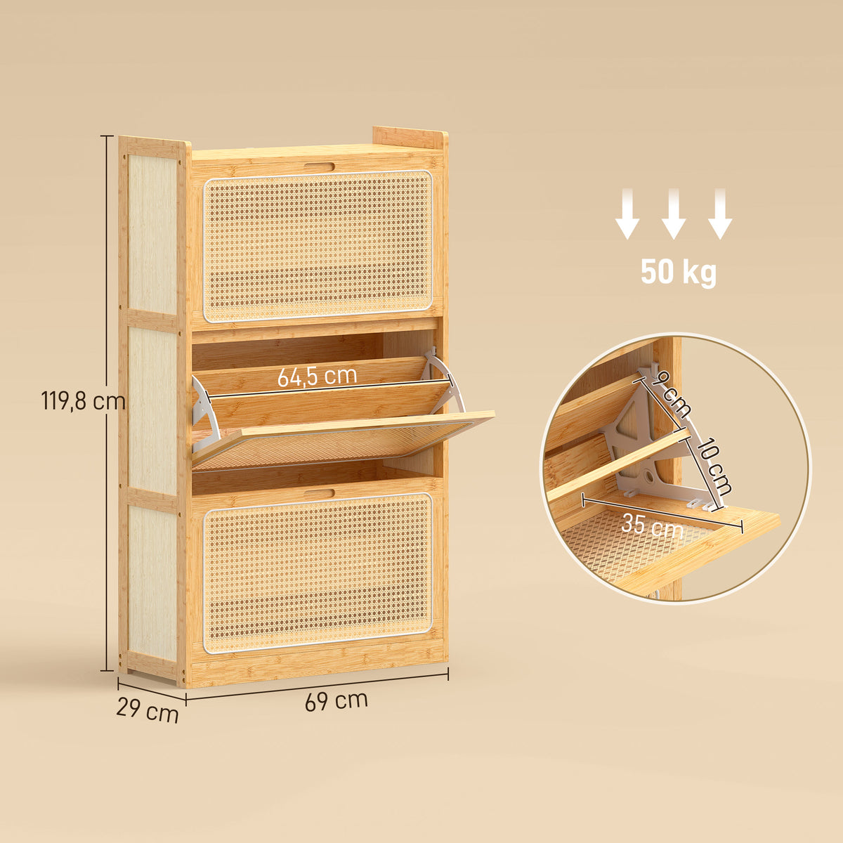 Meuble à chaussures 14 paires, armoire à chaussures 3 tiroirs rabattables, étagères réglables 69x29x119,8cm bois naturel
