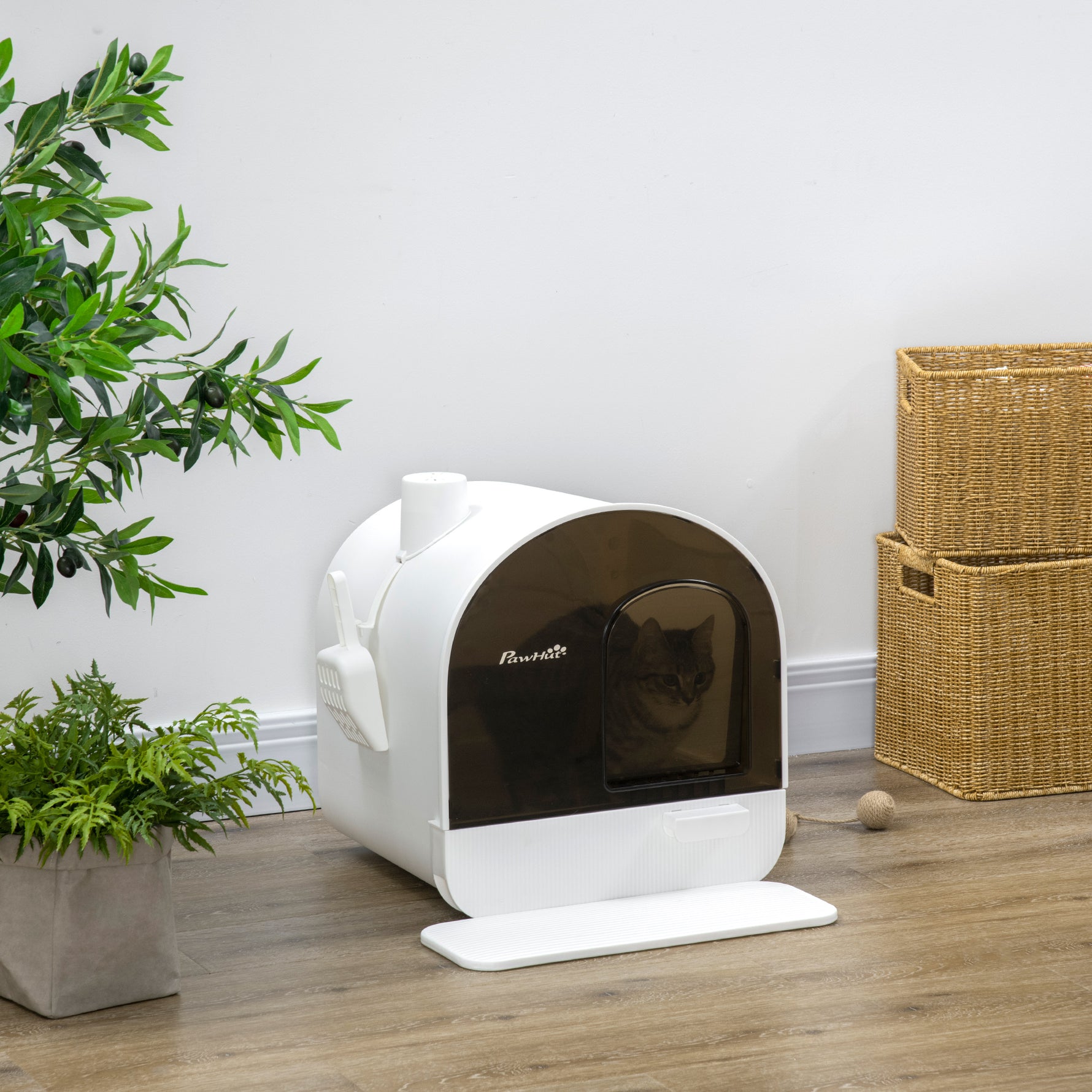 Maison de toilette pour chat avec tiroir amovible, bac à litière fermé avec tapis anti-trace, pelle, filtre anti-odeur et porte battante, nettoyage facile, 43 x 44 x 47 cm, blanc