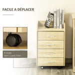 Caisson bureau rangement sur roulettes 4 tiroirs coulissants MDF et panneaux particules 40x36x65cm bois naturel