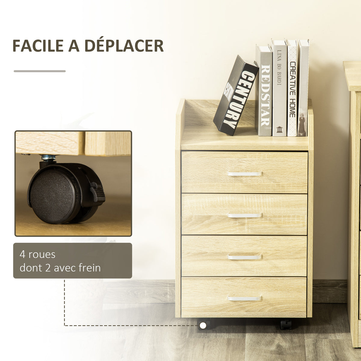 Caisson bureau rangement sur roulettes 4 tiroirs coulissants MDF et panneaux particules 40x36x65cm bois naturel