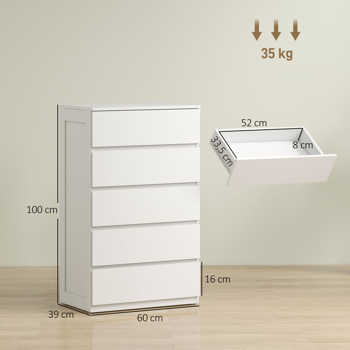 Commode 5 tiroirs meuble de rangement sans poignées design minimaliste 60 x 39 x 100 cm blanc