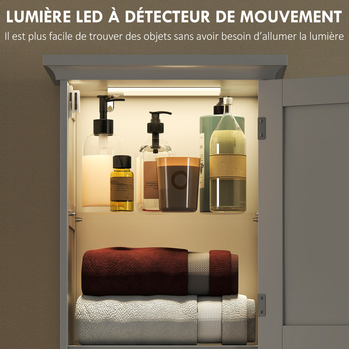 Meuble colonne salle de bain avec éclairage LED, meuble de rangement étroit, tiroir, 2 portes, 40x30x170cm, blanc