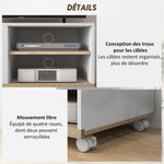 Meuble TV sur roulettes avec 2 Freins - 2 niches + Placard Porte 2 Passe-Fil - en bois Blanc chêne Clair