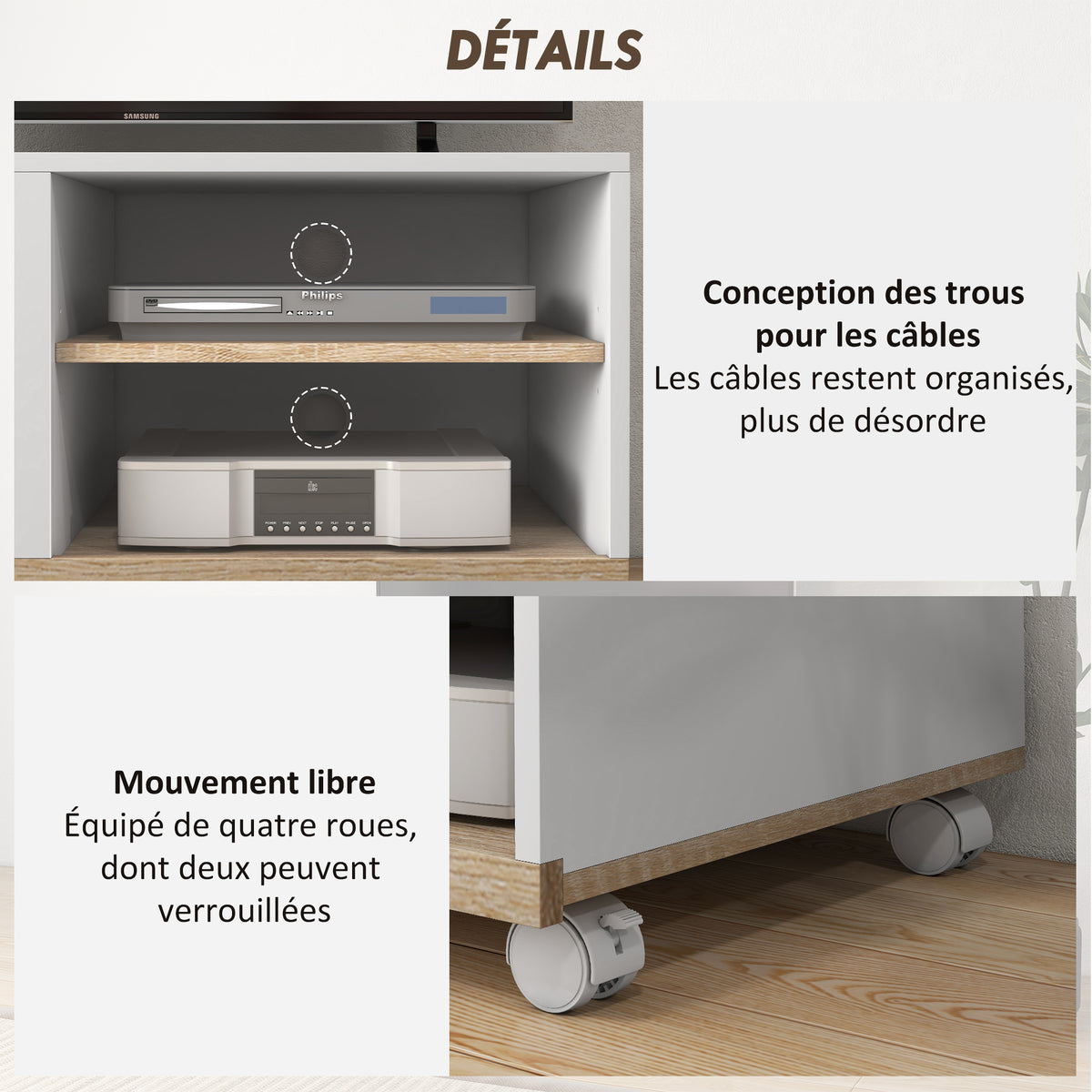 Meuble TV sur roulettes avec 2 Freins - 2 niches + Placard Porte 2 Passe-Fil - en bois Blanc chêne Clair