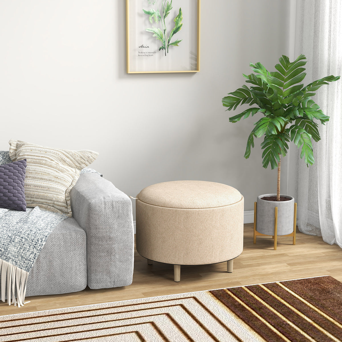 Pouf rotondo poggiapiedi sgabello con vano contenitore, vassoio reversibile, mobile 3 in 1 gambe in legno beige