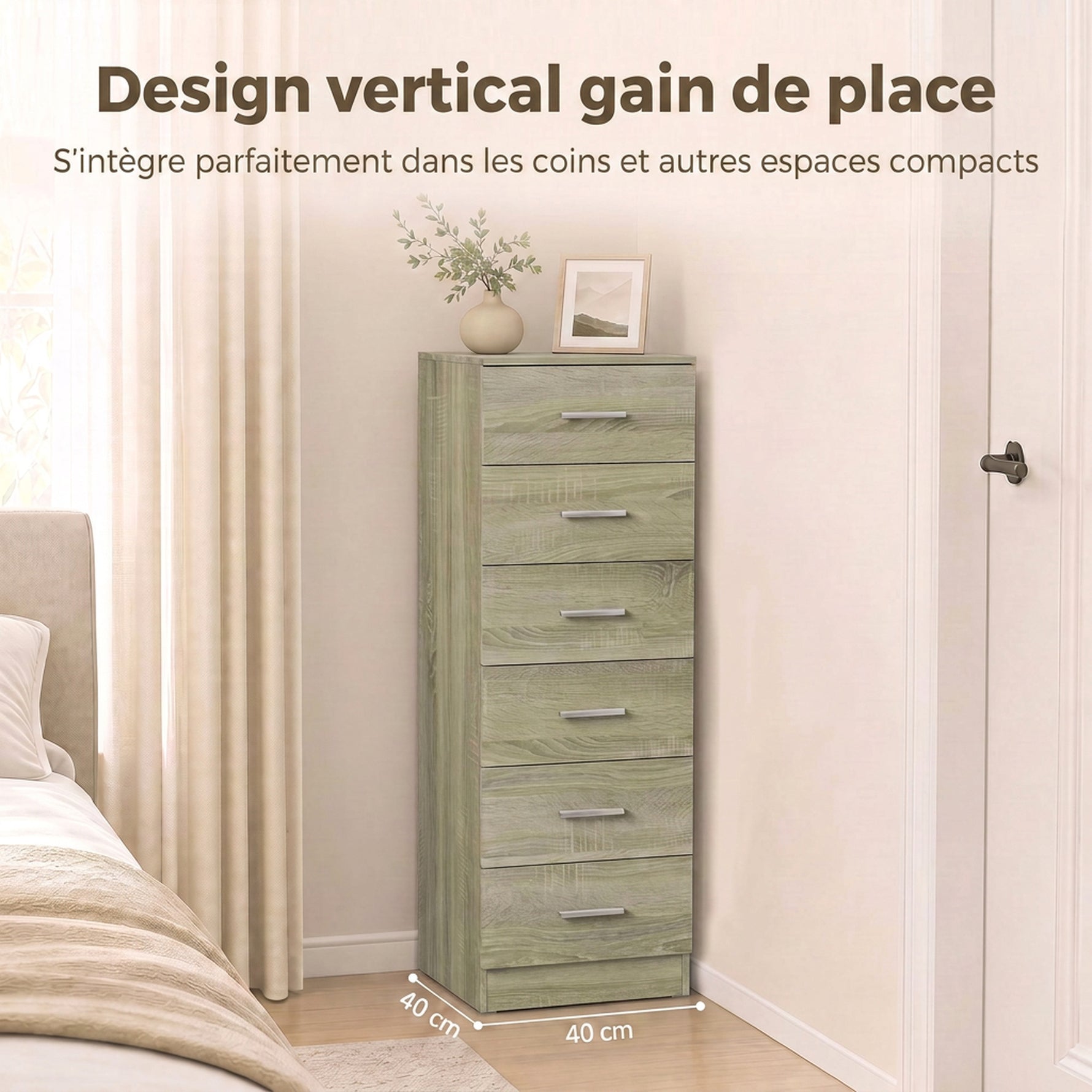 Commode 6 Tiroirs, Meuble de Rangement, Style Moderne, pour Chambre à Coucher, Entrée, Couloir, 40x40x110cm, Chêne