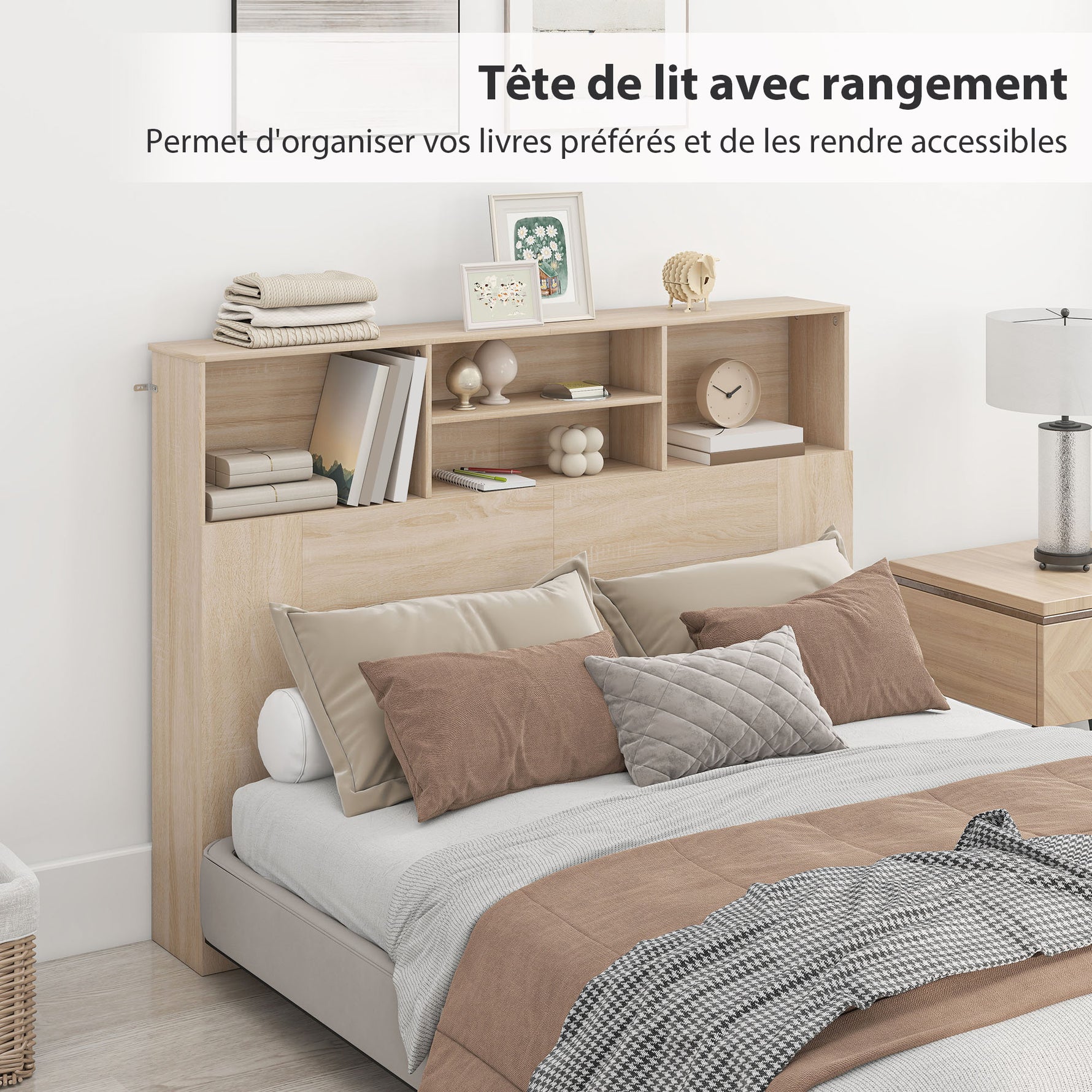 Tête de lit sur pied avec rangements, accessoire de lit 4 compartiments ouverts, 140 x 19 x 103,5 cm, effet bois naturel