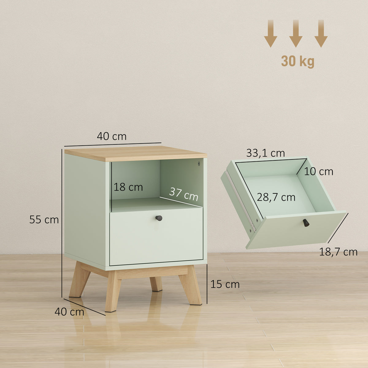 Lot de 2 tables de chevet, tables de nuit avec tiroir et compartiment ouvert, 40 x 40 x 55 cm, chêne et vert clair