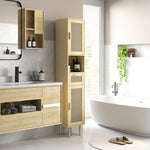Meuble salle de bain colonne rangement salle de bain avec portes en rotin tiroir 2 placards 32 x 30 x 170 cm chêne