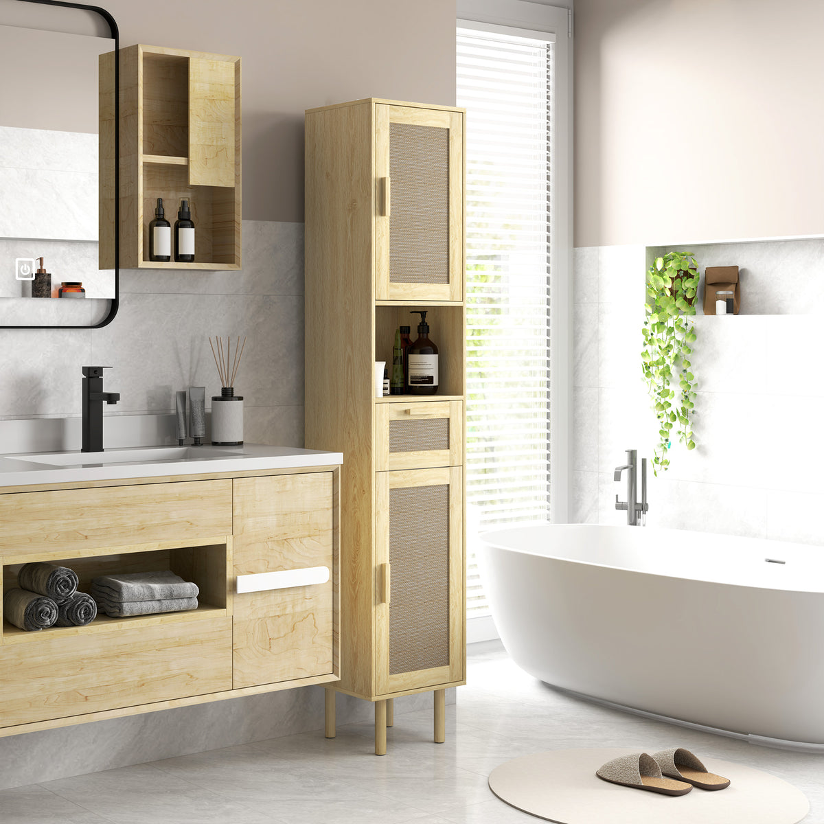 Meuble salle de bain colonne rangement salle de bain avec portes en rotin tiroir 2 placards 32 x 30 x 170 cm chêne