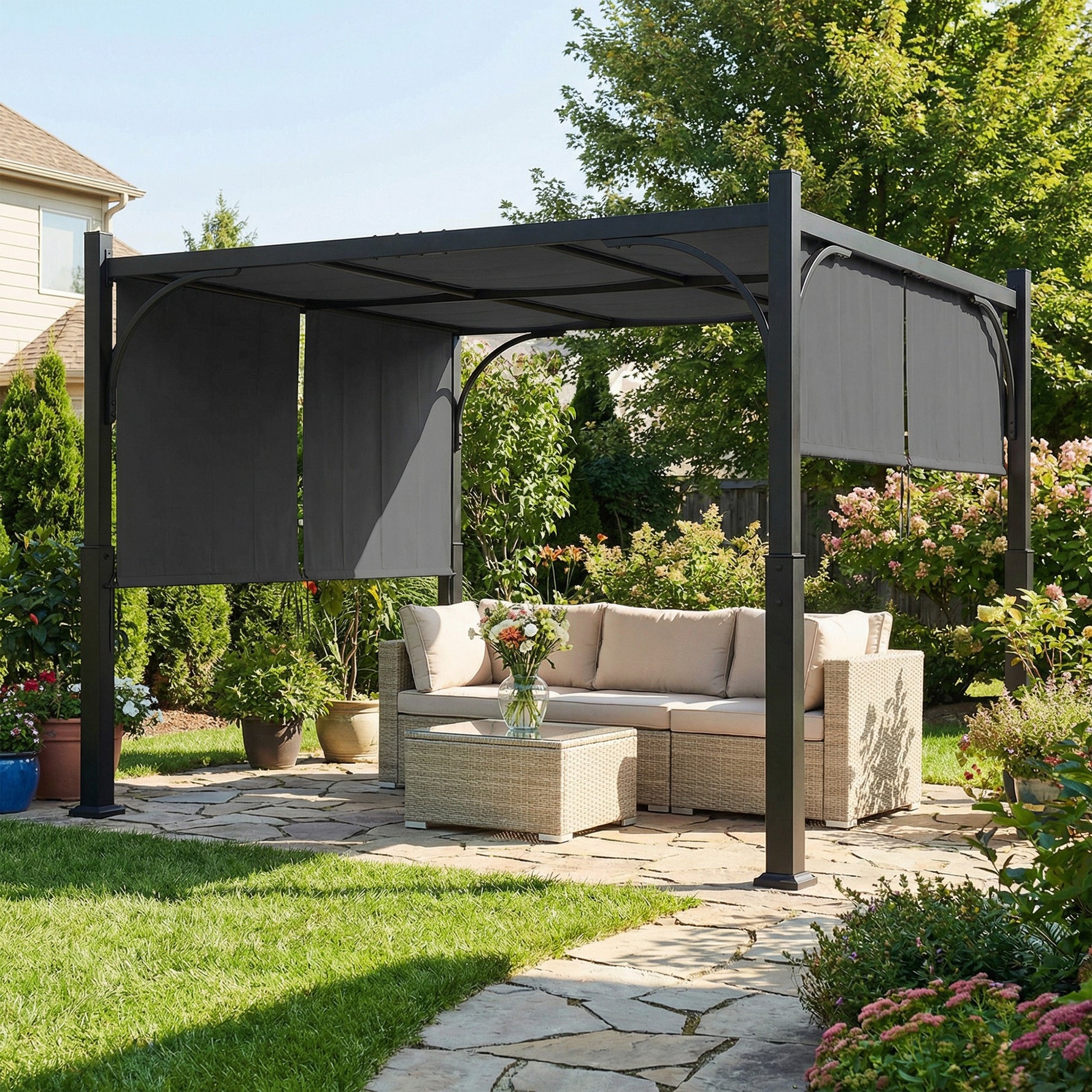 Pergola de jardin 3 x 3 m tonnelle de jardin avec Auvent coulissant, structure métallique, pour extérieur, Gris Foncé