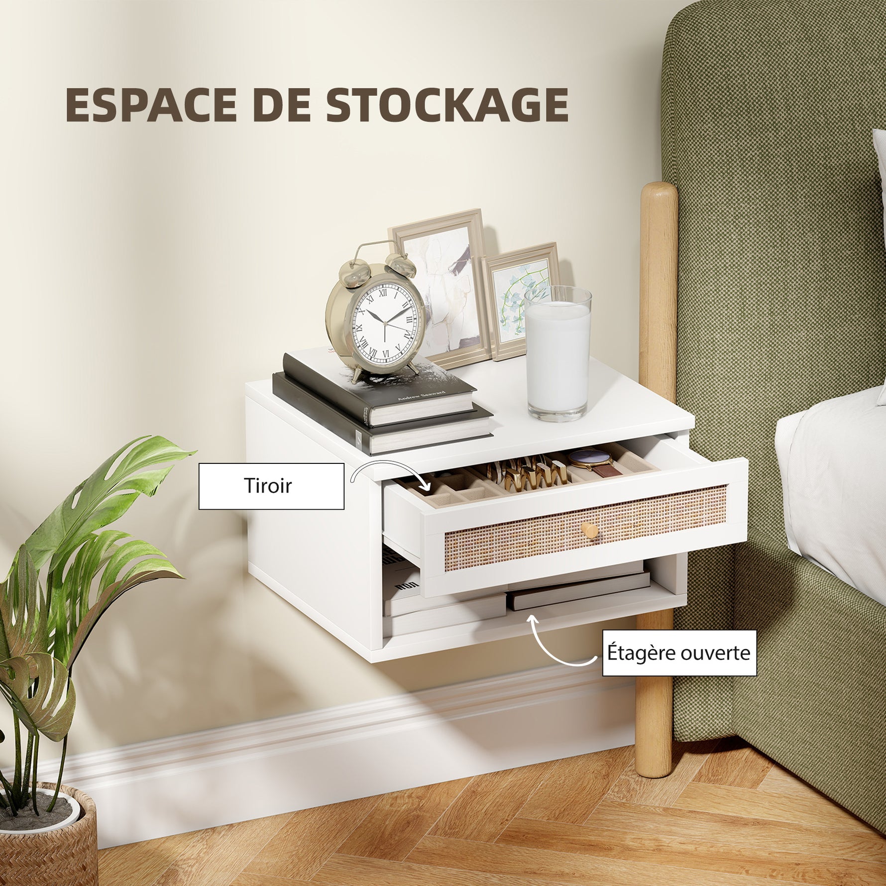 Lot de 2 tables de chevet murales tiroir coulissant, niche, plateau - en bois dim. 40L x 34l x 23H cm