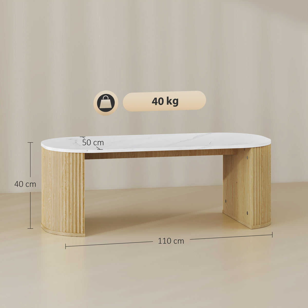 Mesa de centro ovalada, mesa auxiliar con aspecto de mármol, esquinas redondeadas y patas gruesas, 110 x 50 x 40 cm, blanco