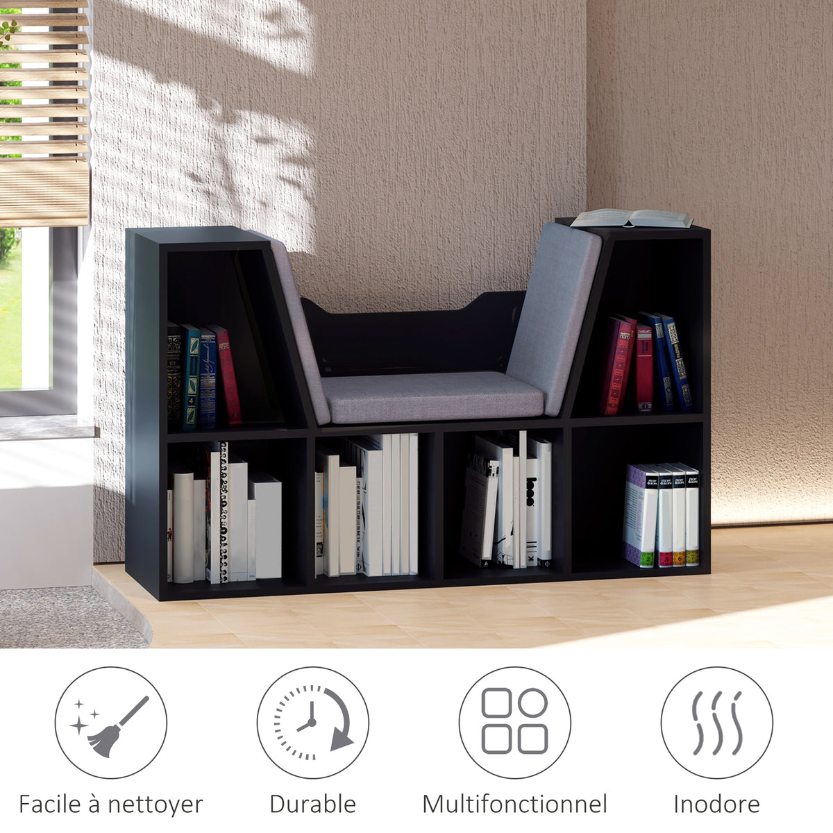 Bibliothèque banc 2 en 1 avec coussins de siège, étagère cube 6 compartiments ouverts et 2 niveaux, meuble de rangement pour salon, chambre à coucher, bureau, 102 x 30 x 61 cm, noir