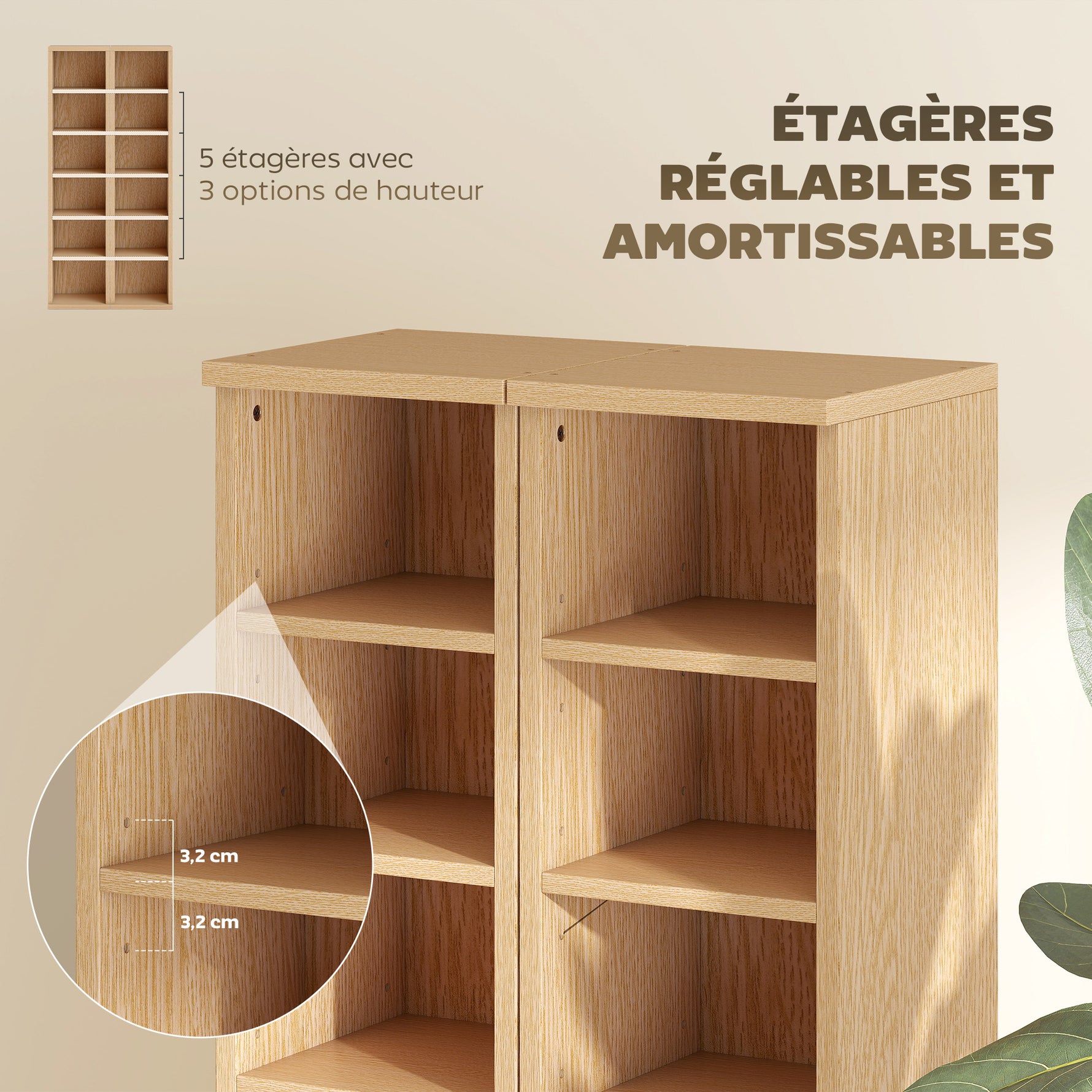 Lot de 2 étagères colonnes armoire de rangement CD-DVD 12 compartiments 21 x 22,5 x 88,5 cm capacité 204 CD bois naturel