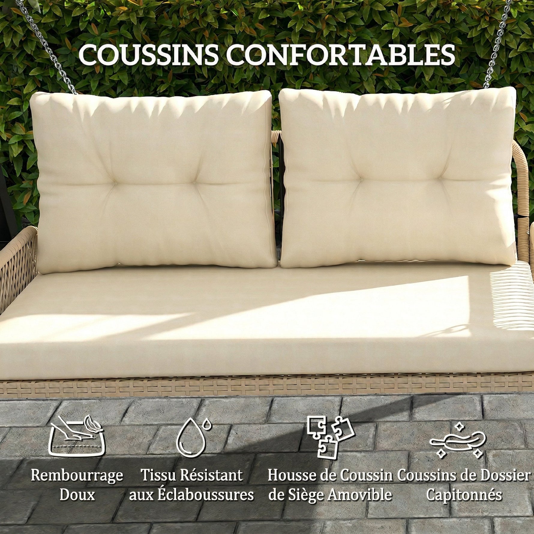 Banc Suspendu Extérieure 2 Places en Résine Tressée avec Coussins et Chaînes en Acier, 115x66x44cm, Beige