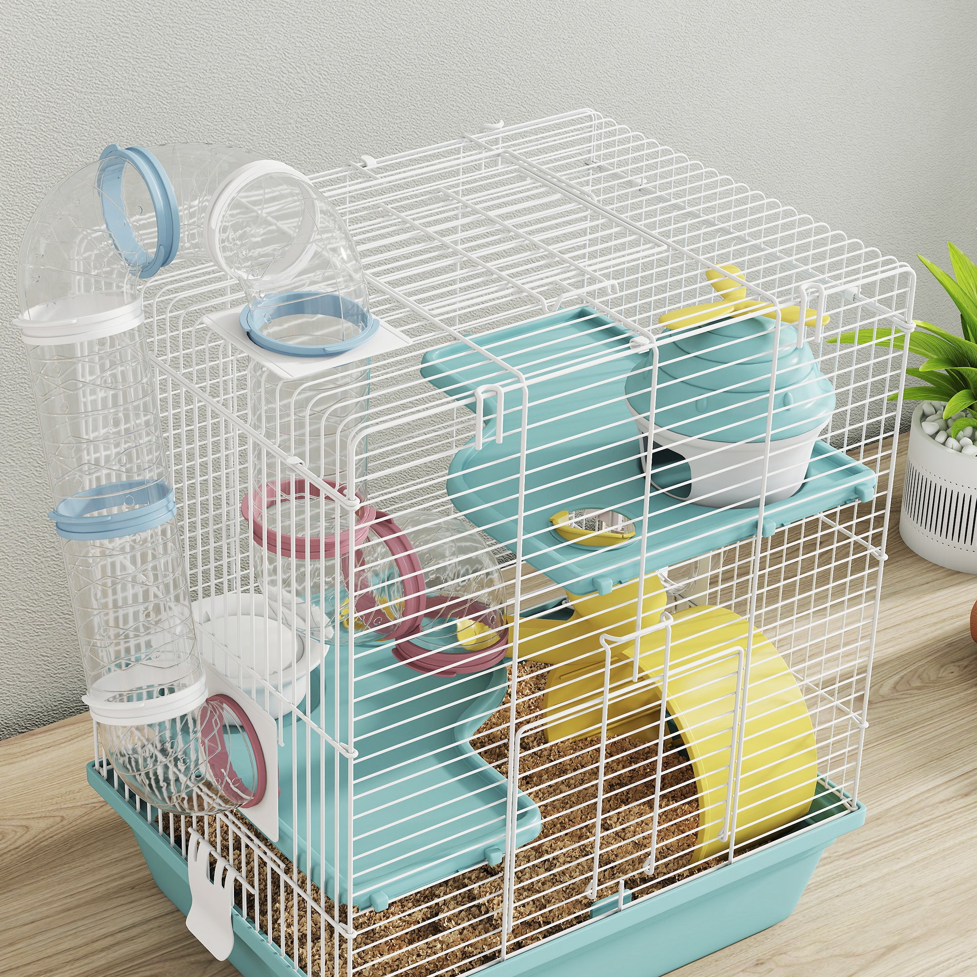 Cage hamster, cage rongeur à 3 niveaux, avec roue d'exercice, tunnel de jeu, gamelle, cabane, 34,5 x 27,5 x 41 cm, bleu