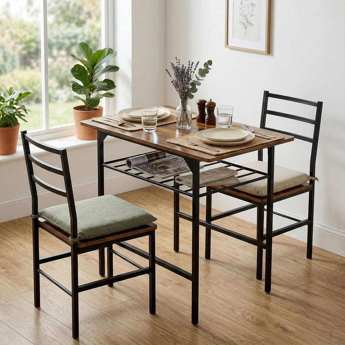 Ensemble table salle à manger avec 2 chaises, table de cuisine avec chaises pour 2 personnes, cadre en métal, marron