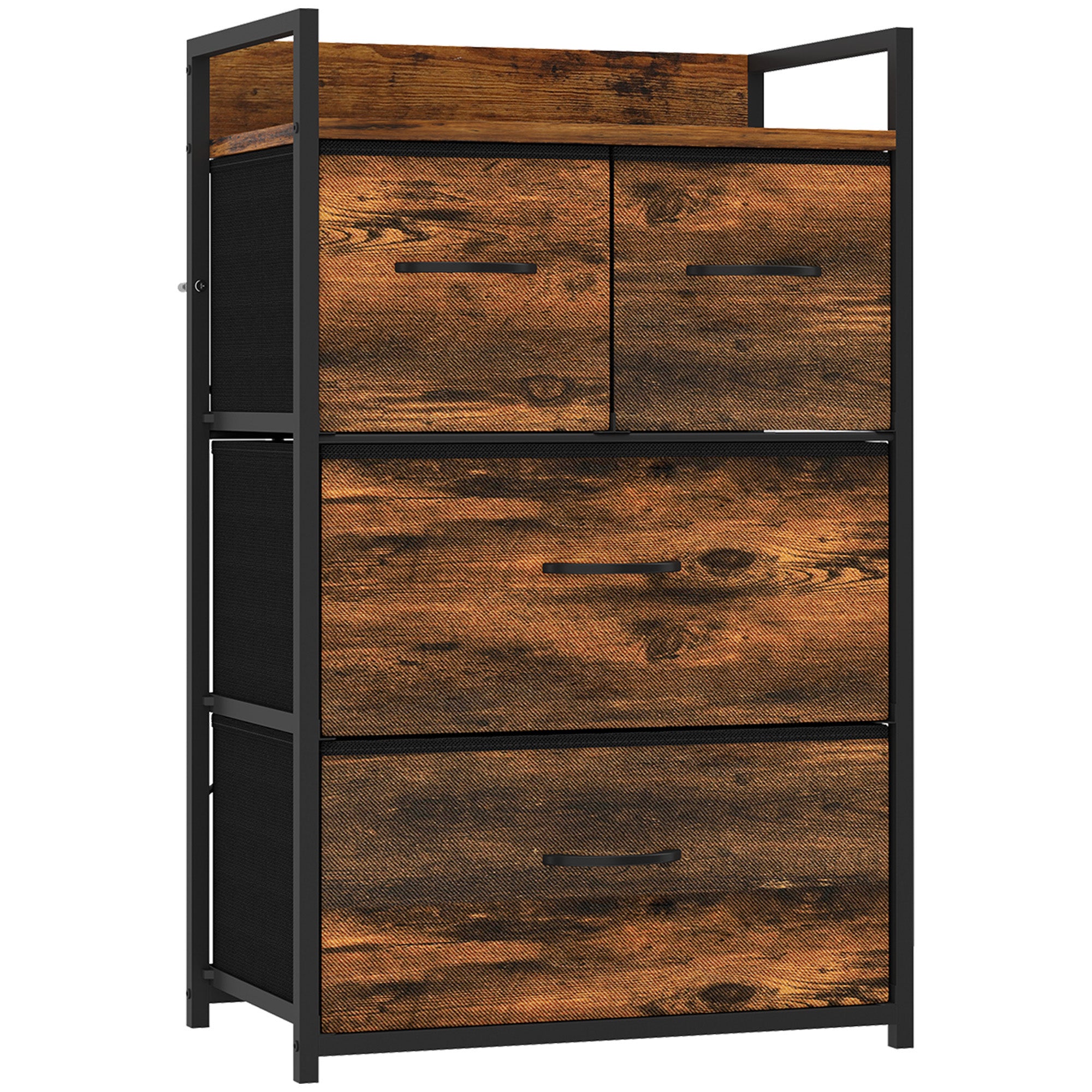 Aufbewahrungsmöbel im Industriestil, Kommode mit 4 faltbaren und herausnehmbaren Stoffschubladen und 1 Ablage – 50 x 29 x 85 cm