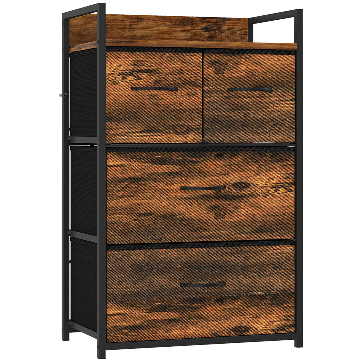 Mobile contenitore stile industriale, cassettiera con 4 cassetti in tessuto pieghevoli e rimovibili e 1 ripiano - 50 x 29 x 85 cm