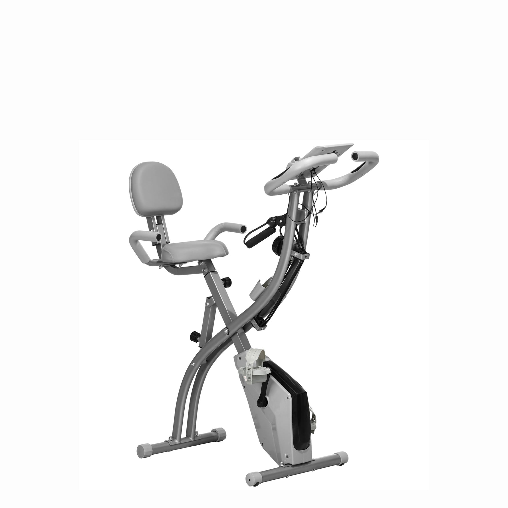Vélo d'Appartement Pliable 4-en-1 - Ergomètre Magnétique Silencieux pour Maison avec Cordes de Résistance - Sport Maison et Cardio-training avec Roulettes, Selle Confort et LCD, Max 120kg, Gris