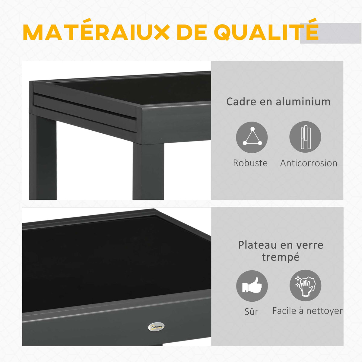 Table Extensible de Jardin Grande Taille dim. dépliées 160 x 80 x 75 cm Aluminium Gris foncé Plateau Verre trempé Noir