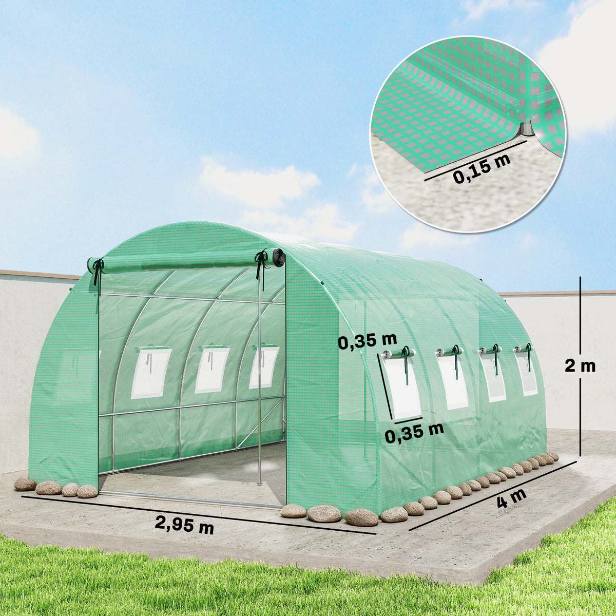 Serre tunnel de jardin 12m², serre de jardin tunnel 295x400x200cm 2 portes et 8 fenêtres bâche PE 140 g/m² vert