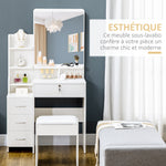 Ensemble de coiffeuse avec tabouret rembourré grand miroir + plusieurs étagères ouvertes + 4 tiroirs blanc