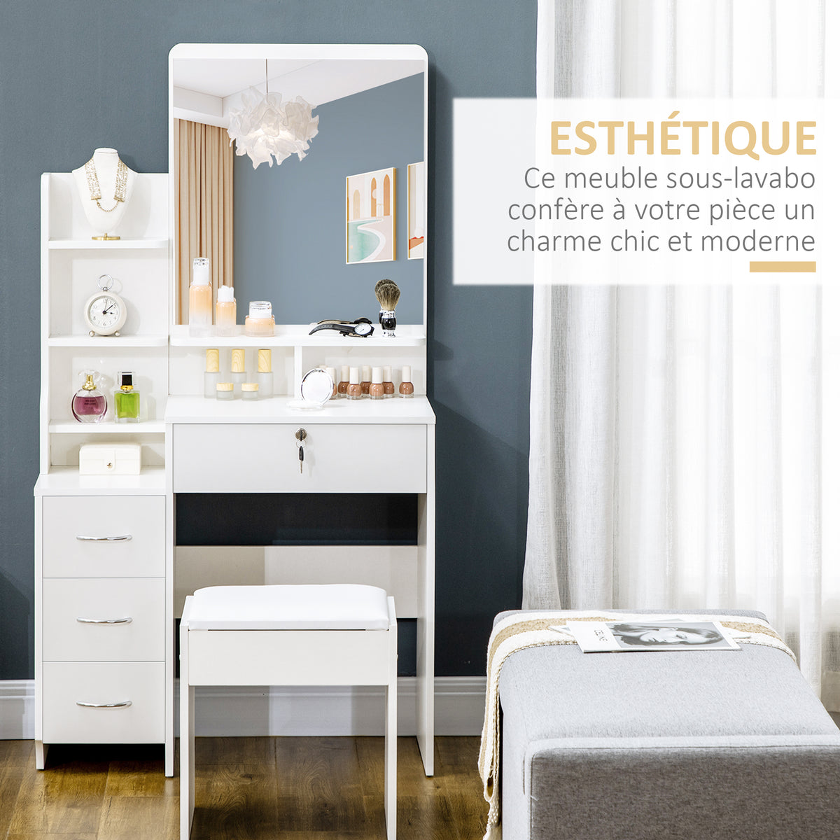 Ensemble de coiffeuse avec tabouret rembourré grand miroir + plusieurs étagères ouvertes + 4 tiroirs blanc
