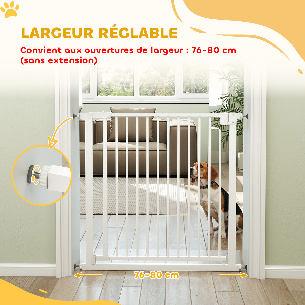 Barrière de sécurité pour chiens et bébés 76 à 80 cm avec extension fixation par pression sans perçage 76 à 80cm blanc